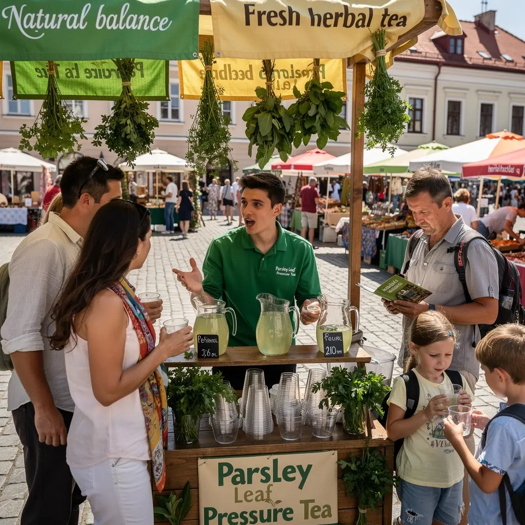 Petražolių lapų arbatos puodelis ant medinio stalo.