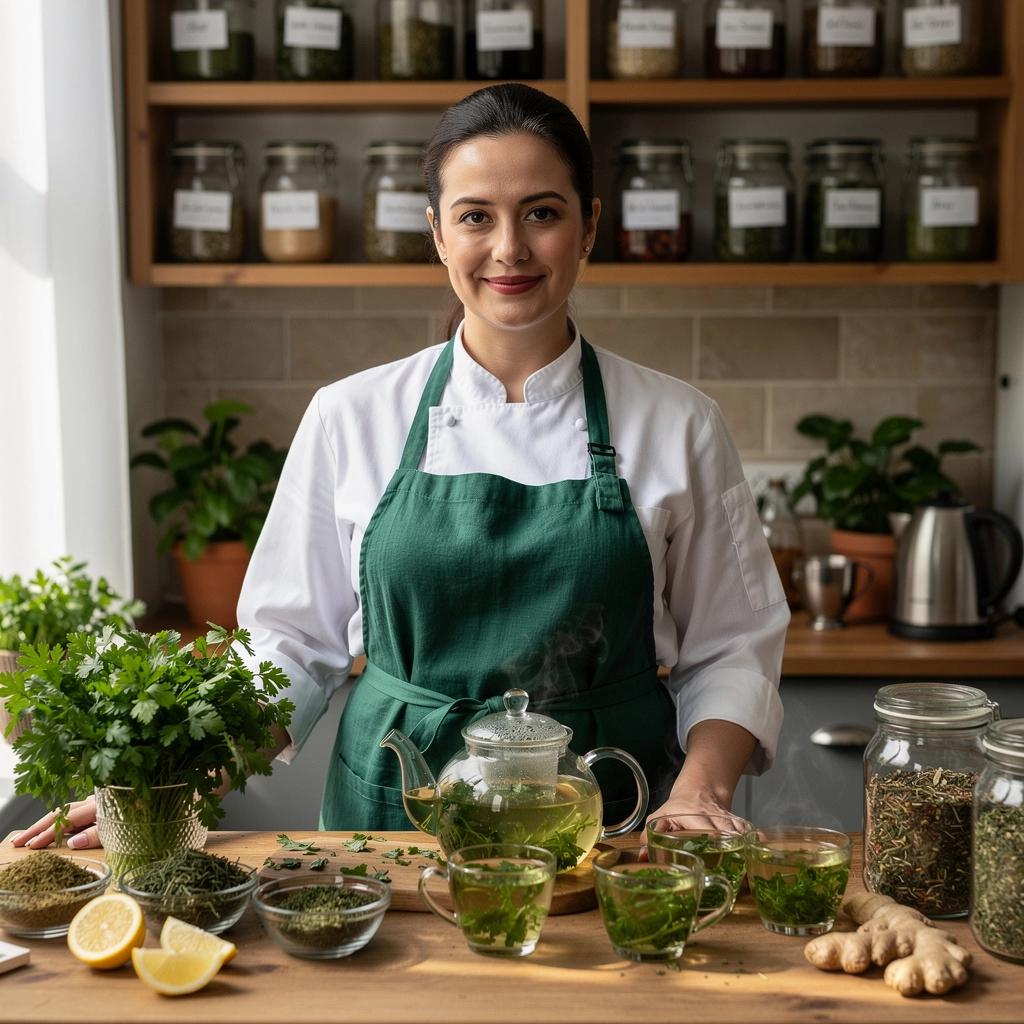 Petražolių lapų arbatos indas, simbolizuojantis sveiką gyvenimo būdą.